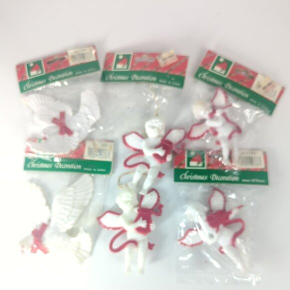 Vintage Christmas Angel Dove Red White Plastic Ornaments Set - Picture 2 of 3